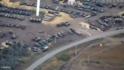 UA pov: Surveillance drone video of a Russian storage and repair yard for wrecked or broken down vehicles in Biryuch, Belgorod