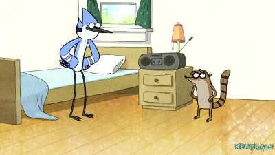 Mordecai and Rigby listen to Brain Drill