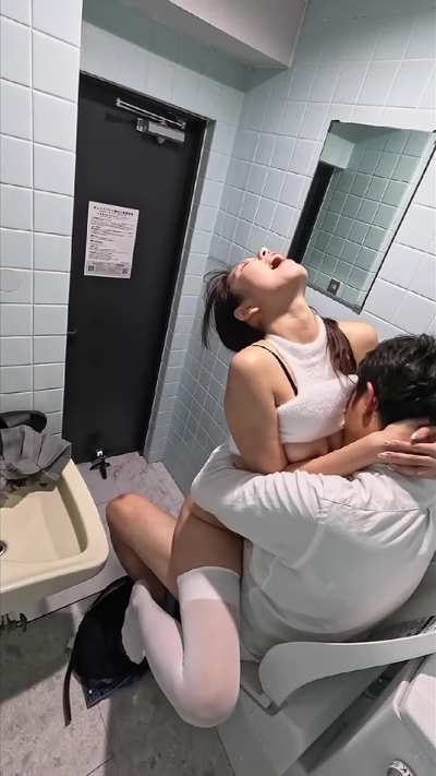 Cute Japanese girl destroying manager's cock in the mall bathroom.