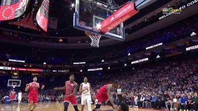 [Highlight] Embiid flattens Coby White on the fastbreak and gets the call, White is left limping off the floor
