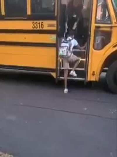 Girl with Cerebral Palsy and depth perception issues rides the bus for the first time. Her mom was told she'd never be able to walk. Way to go Rhylee!!!