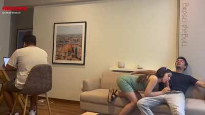 Writing my essay while his girlfriend sucks my dick