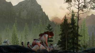 Redhead with glowing tattoos rides her dog to a beautiful sunset [Hamsterzz]