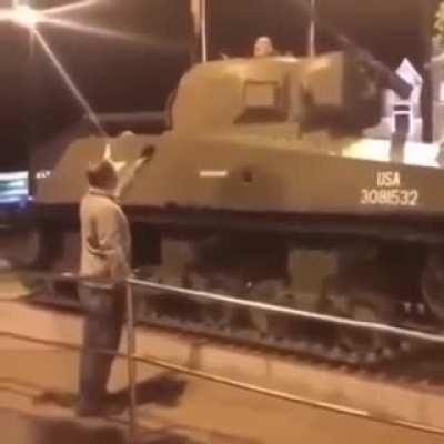 He's literally in a tank.