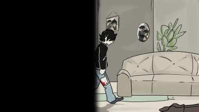 Andrew walks warily down the living room