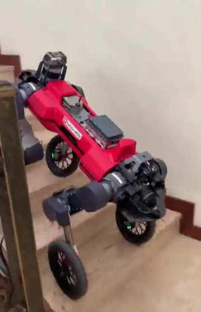 Swiss-Mile robot. It’s a car, quadruped, and humanoid. The wheeled-legged robot performs exceptional locomotion skills with reinforcement learning driving at speeds of up to 6.2 m/s (22.32 km/h or 13.87 miles/h), overcoming obstacles, and standing up on t