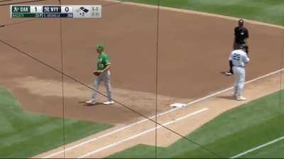 Gio Urshela's bat breaks and a splinter goes into his eye as he hits into a double play (SFW)