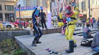 When hazzie meets bucket hat wetsuit gaming (me and my friends cosplays)