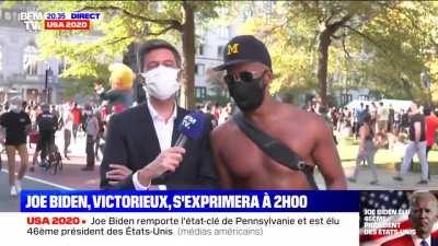 Man in Philadelphia celebrating interrupts French news coverage to tell him everything he knows about France