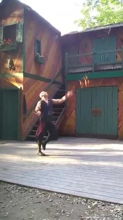 In 2019, Aaron Bonk sets the world record for juggling flaming whips