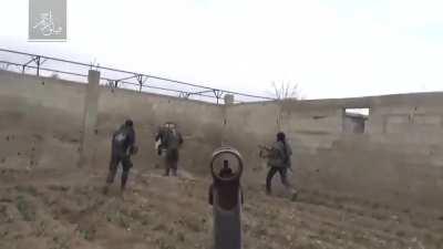 Footage from an al-Rahman Corps camera attached to a gun, showing clashes in Hazrama, Eastern Ghouta, Syria (January 2017)
