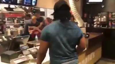 guy threatens to say n word to black guy. gets yeeted. all because he pushed the line at mcdonald's. he should join the fry throwing olympics tho.