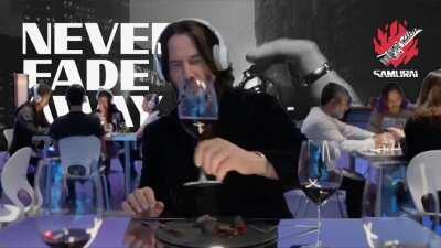 Keanu crying while listening to Never Fade Away