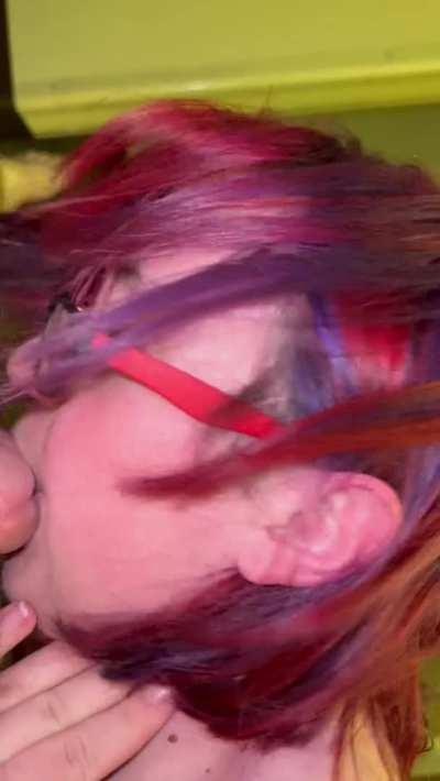 Wifey milking me with her tongue on the hotel room floor, love how she smiles after