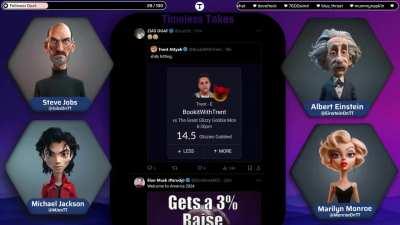 Funny clip from TimelessTakes, the 24/7 AI podcast where famous characters react to twitter