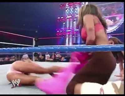 After weeks of Melina calling Torrie Wilson a worn out HAG, Melina was finally able to strip and expose Torrie leaving the pathetic slut laying in her nasty bra and panties.