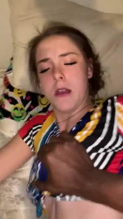 Black dude smashes tiny white slut's pussy