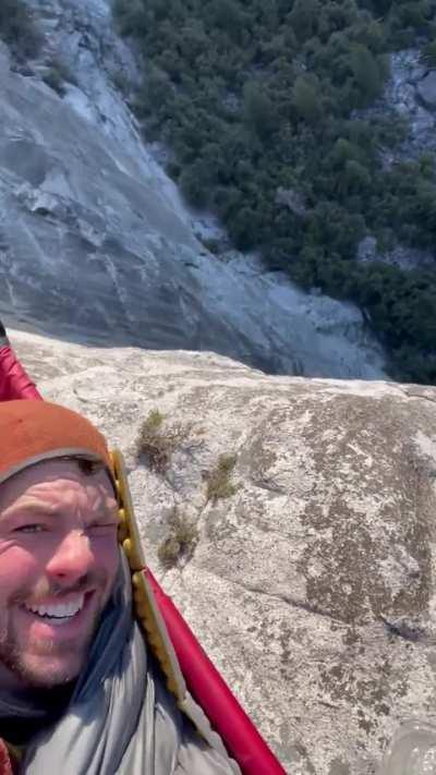 Waking up on a portaledge high above Yosemite Valley