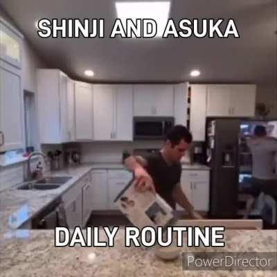 Shinji and Asuka doing chores last second before Misato gets back drunk.