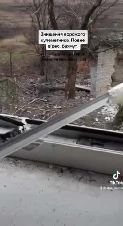 In Bakhmut, a Ukrainian marksman of the 24th Territorial Defense Battalion uses a mirror taped to a stick to spot a Russian machine gunner and later shoots him.