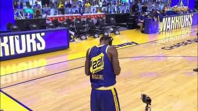 [Highlight] Bazemore sneaks up from behind on Wiggins and gets him wet during the post-game interview