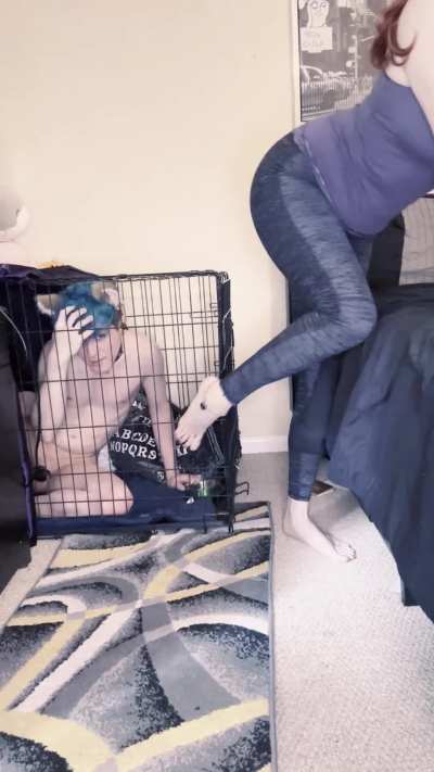 My girlfriend made me watch her & her bull fuck in our bed from my kennel while still on chastity 😣😭. After that, the only reward I got for being a good quiet boy was to stay in the cage and lick her sweaty feet and drink the cum from her ass 😭😖.