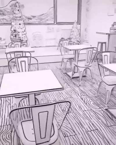 A cafe made to look like a sketch! Incredible 2D effect!