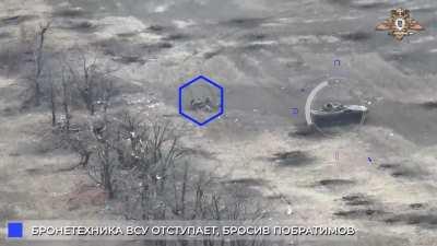 RU pov: UA IFV trying to evacuate wounded soldiers gets hit and retreats, leaving UA soldiers behind who then get hit by artillery fire, gravely injuring/killing them.