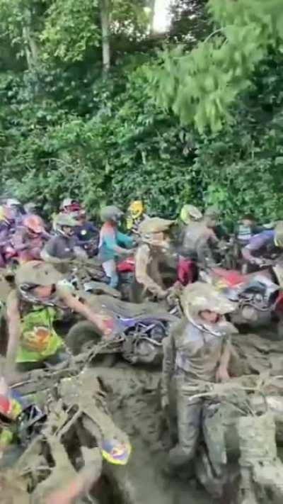 Thousands of off-road motorcycle riders stuck in mud