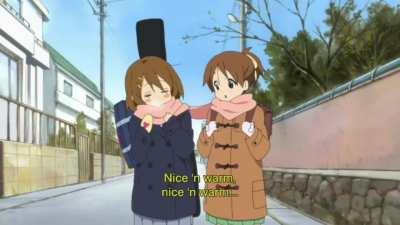 Sisters sharing scarf [K-on!]