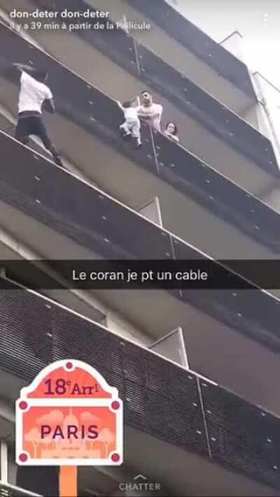 Guy sees baby dangling from high rise building & switches on his super powers, scaling the building balcony by balcony with total disregard for his own safety. He was an illegal immigrant living in France but after this he was given instant citizenshi