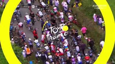 Spectator causes mass crash at the first stage of the Tour de France.