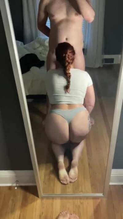 Draining him in front of the mirror