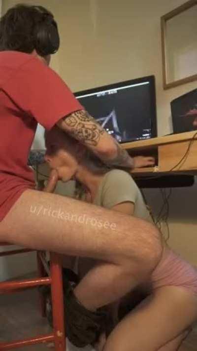 Thick and sticky on my tongue while he games