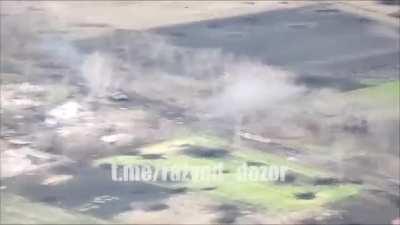 RU pov: Ukrainian tank in the Novoselovsko-Svatovo area, drives over mine and explodes.