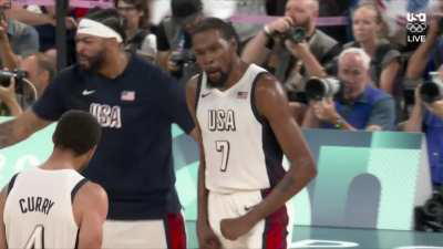 Steph Curry's Olympics moment — hitting the go-ahead 3 pointer late in the 4th, followed by the layup to put Team USA up 5