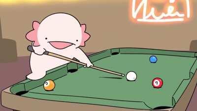 An axolotl playing pool