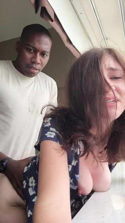 Black dude fucks his white girlfriend on the patio