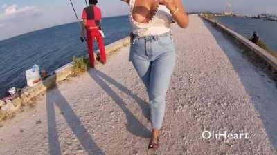 Showing boobies to the fisherman