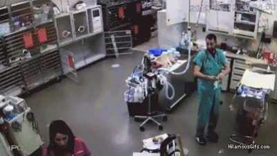 Trying to hit your coworker with your glove