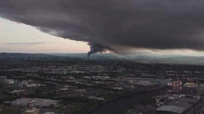 A distance view of the fire last night from the air.