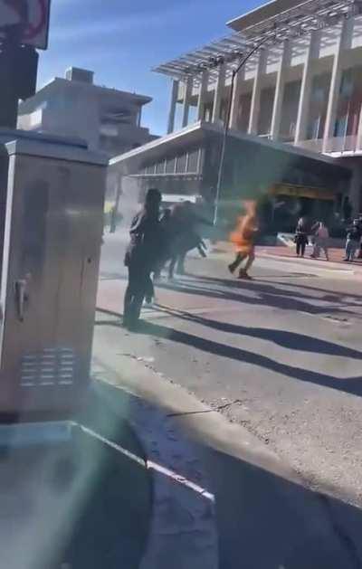 Someone's on fire do you: a. Yell "roll on the ground" b. beat at the fire with a coat or c. Throw a bicycle at them?