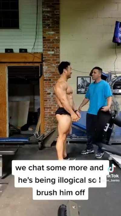 to intimidate powerlifter/bodybuilder Charly Joung for posing (in a bodybuilding gym) near a jealous manchild's girlfriend