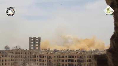 Rebels detonate a tunnel bomb in az-Zahraa district, Aleppo, and almost take out their drone with a Hell Cannon [Syria] (May, 2016)