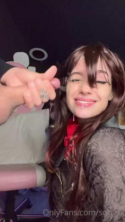 Cum slut takes a monster load on her face