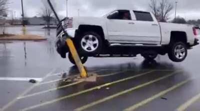 His airbag blew his cap off.