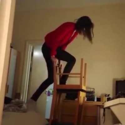 WCGW standing on a chair upside down