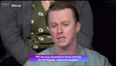 Audience member of Question Time (BBC) answers immigration question by turning it on panelists