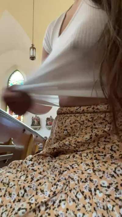 At church, pretending to cool myself off while showing you my tits *sound on