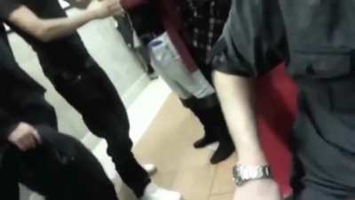 Man slaps another with pizza for laughs. Gets slept seconds later.